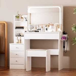 YOOCOZZ Vanity Table with LED Mirror, Charging Station, Hair Dryer Holder and Cushioned Stool - White - 1 of 4