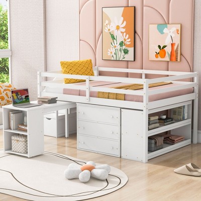 NicBex Full Size Bunk Bed with Movable Desk Pine Bed Frame with Drawers, Shelves, Storage Stairs and Guardrail, No Box Spring Required