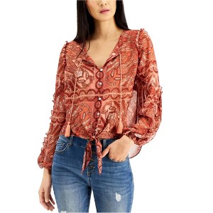 I.N.C International Concepts Womens Tassel-Tie Button Up Shirt, Orange, Large - 1 of 1