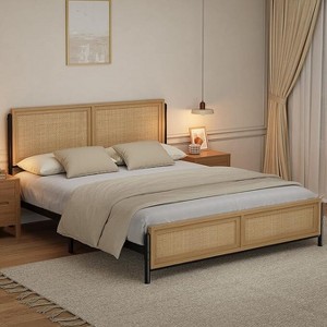 Natural Bed Frame with Rattan Headboard and Footboard,  No Box Spring Needed, Noise-Free Easy Assemble Wooden Bedframe - 1 of 4