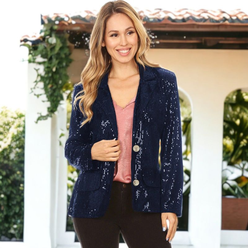 Anna-Kaci Women's Long Sleeve Sparkle Sequin Two Button Blazer Jacket, 2 of 5
