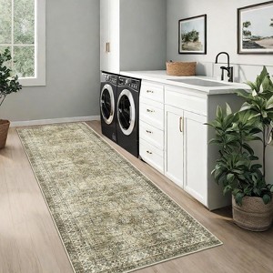Acekool Vintage Runner Rug - 2x8 Non-Slip Washable Carpet in Brown & Green - 1 of 4