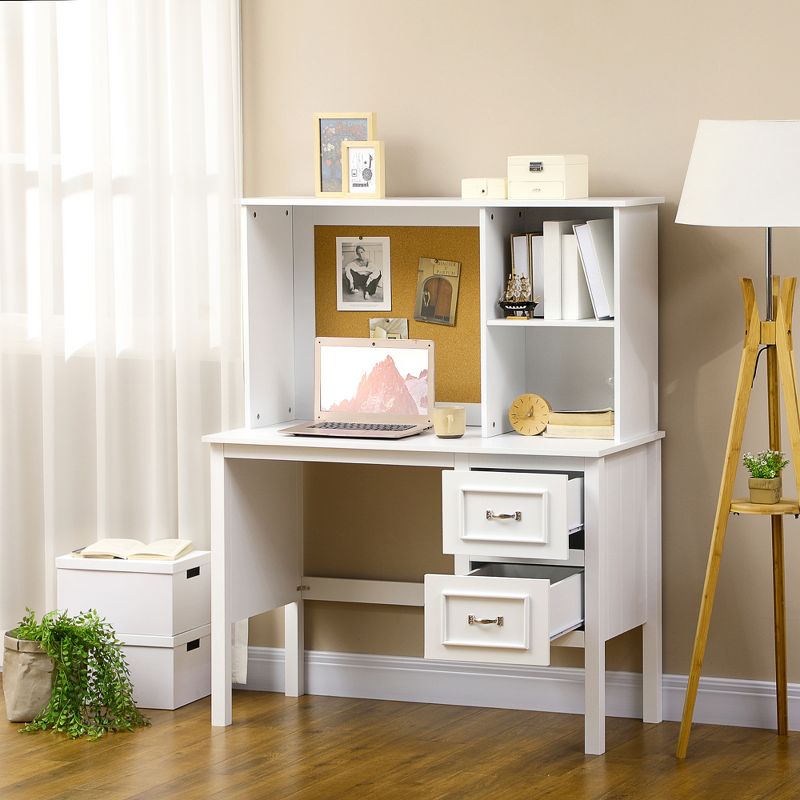 HOMCOM Computer Desk with Drawers & Shelves, Home Office Desk with Storage & Corkboard, Workstation Table with Cable Hole, White, 3 of 7