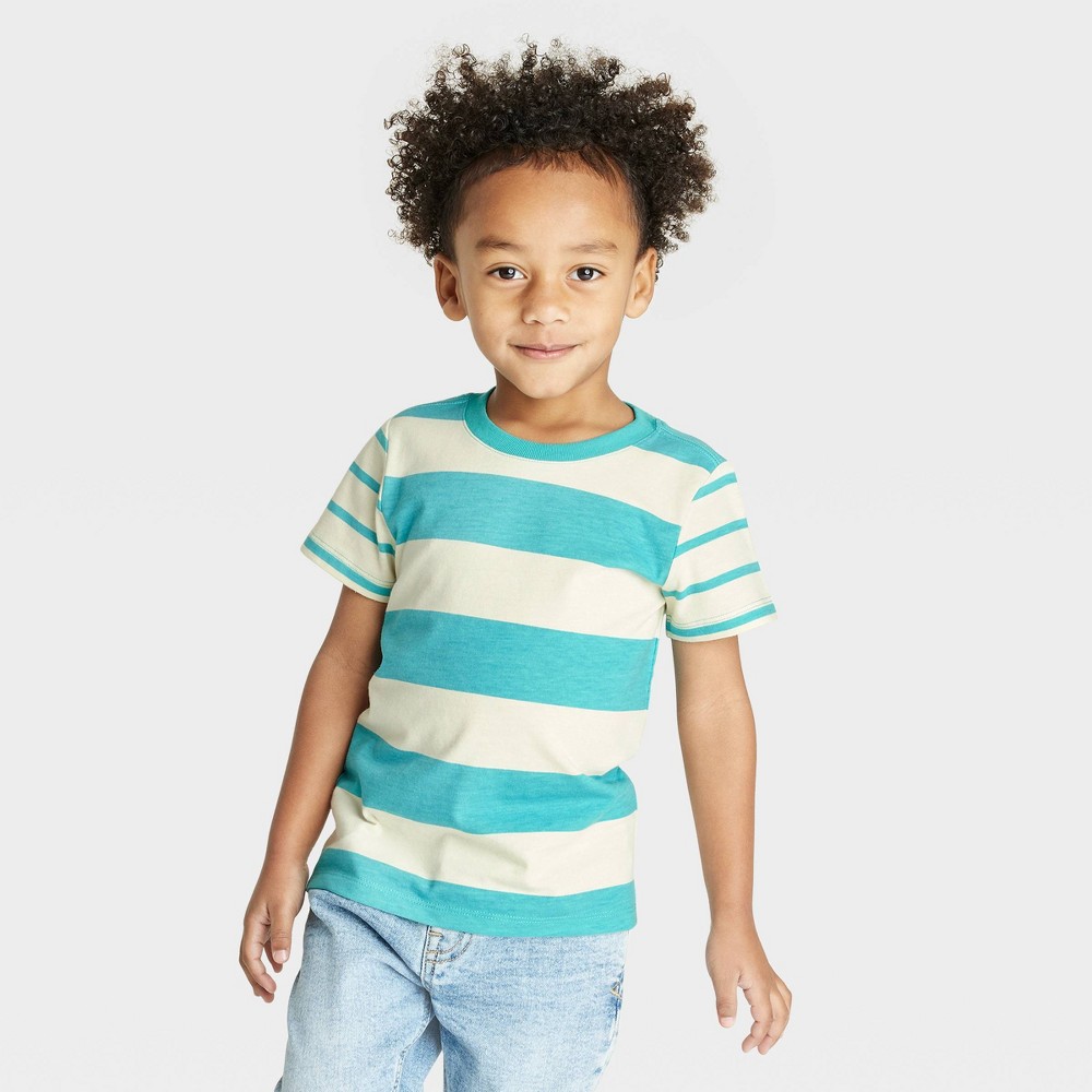 Toddler Boys' Short Sleeve Striped Jersey Knit T-Shirt - Cat & Jack Turquoise Green 2T