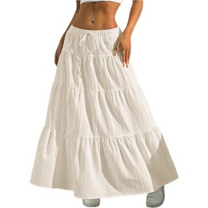 Women's Boho Maxi Skirt - Flowy Flared Ruffle Design for Summer & Going Out Outfits Light Beige - 1 of 4
