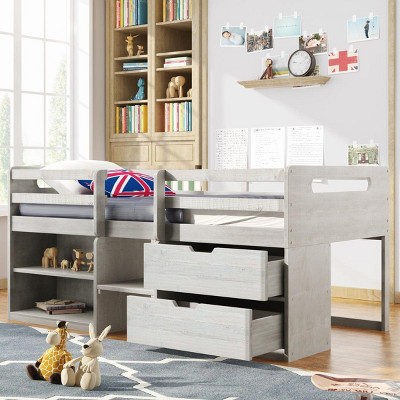 Streamdale Twin size Loft Bed with Two Shelves and Two drawers (Antique White)