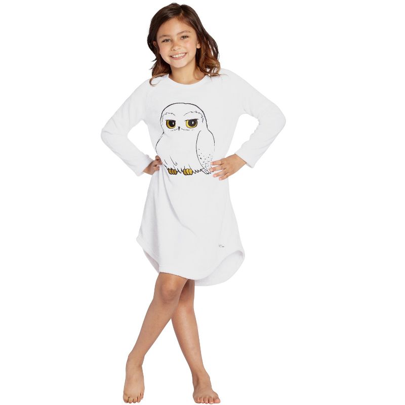 Harry Potter Pajama Girls' Hedwig Owl Micro Raschel Fleece Hi-Lo Nightgown Costume, 1 of 8