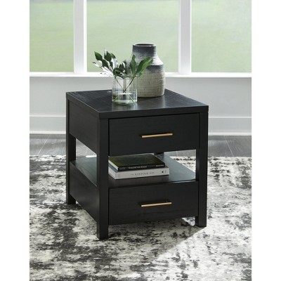 Black Rectangular Wood End Table with Storage and USB Ports
