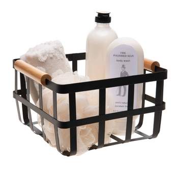 Square Metal Basket With Bamboo Handles Black - Bath Bliss