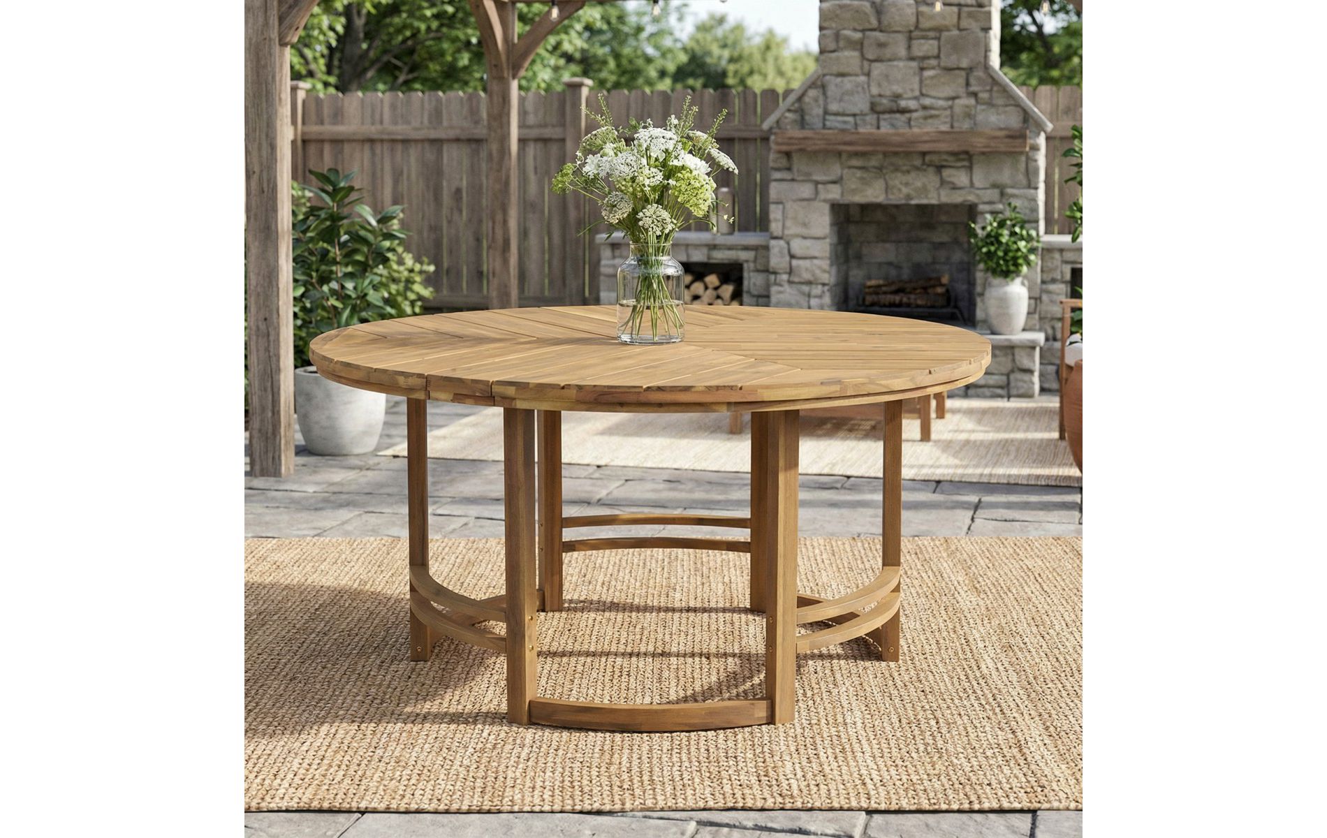 59" Round Outdoor Dining Table with Umbrella Hole, Teak Solid Acacia Wood Patio Table with Slatted Top, for Backyard, Garden or Deck-Panipeachy