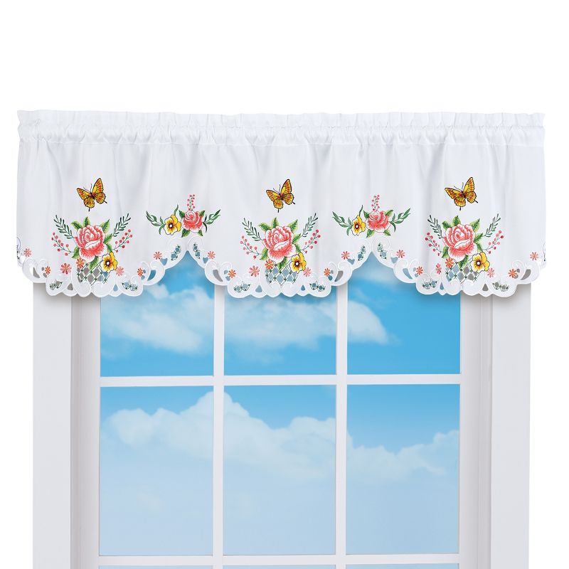 Collections Etc Embroidered Butterfly Bloom Scalloped Edge Window Valance White, 1 of 4
