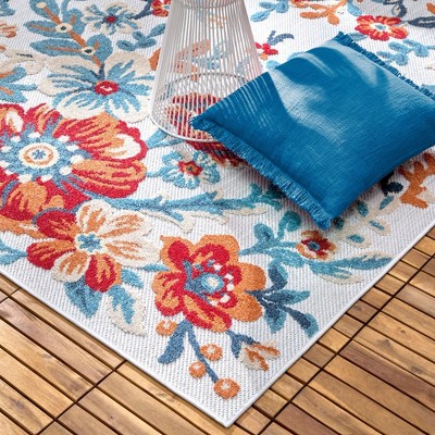 Ivory Red Blue Floral Tufted Indoor Outdoor Area Rug