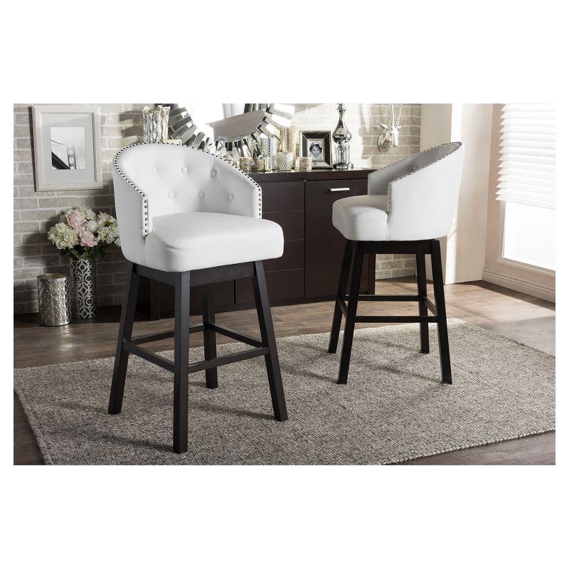 Set of 2 Avril Modern and Contemporary Faux Leather Tufted Swivel Barstool with Nail Heads Trim - White - Baxton Studio, 5 of 6