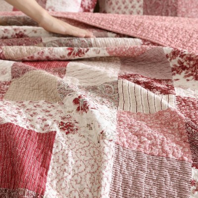 Celina Patchwork Red and Beige Cotton King Quilt Set