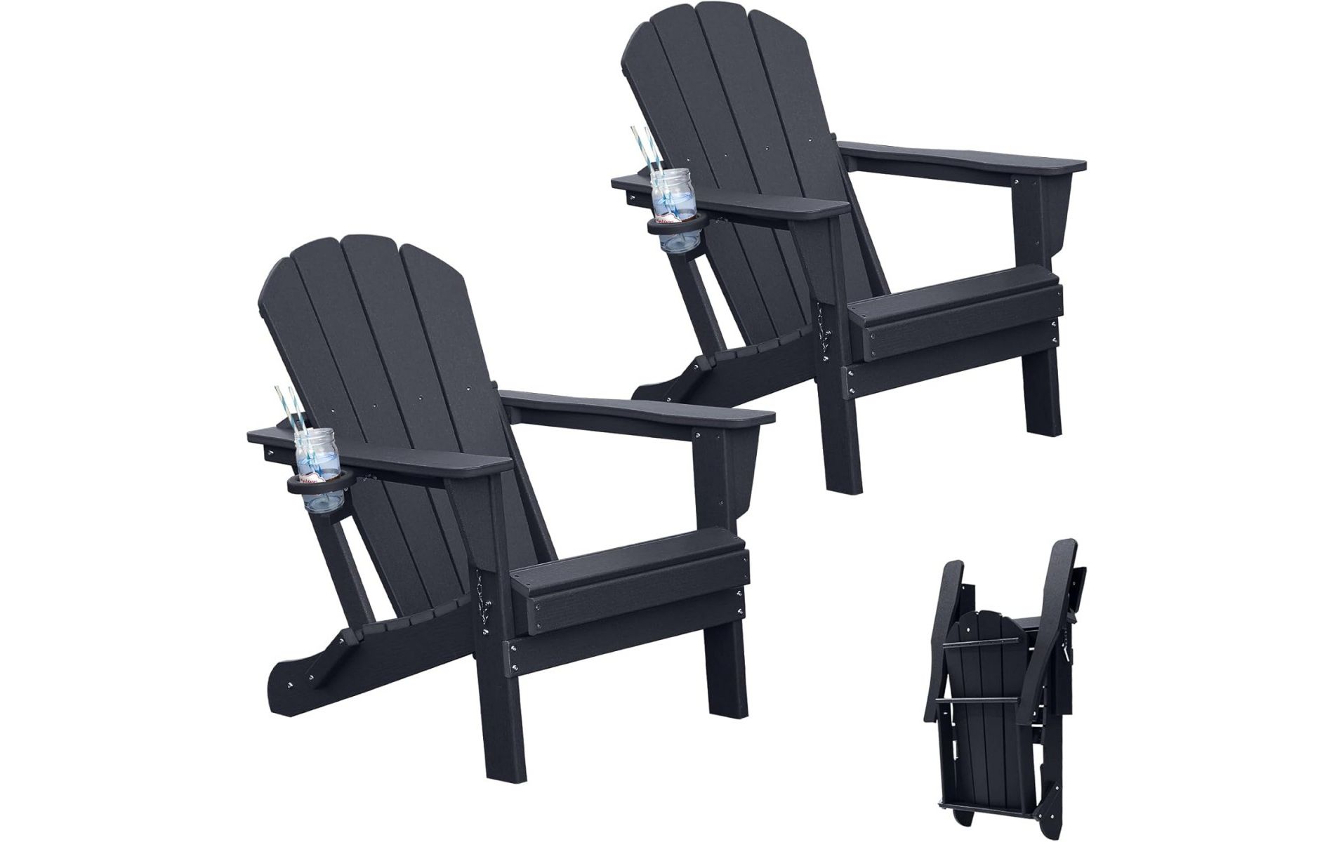 Set of 2 Adirondack Chairs with Cup Holder, Black Folding Plastic
