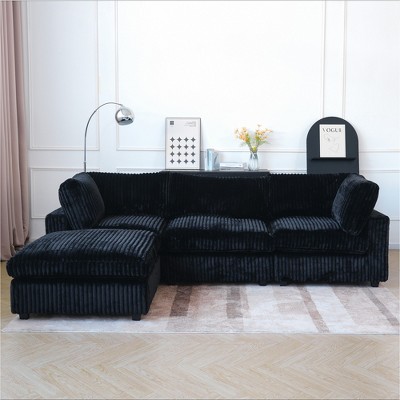 118" Modular Sectional Sofa,Faux Rabbit Fur Cloud Sofa Set,L Shaped Sofa Couch with Storage Ottoman,Down Filled Deep Seat,Removable & Washable Covers