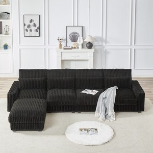 TiramisuBest 126" L-Shaped Corduroy Sofa w/ Cup Holder, Movable Footrest, 4 Waist & Back Pillows, USB & Type-C Ports,Black - 1 of 4
