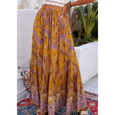 Women's Boho Floral Print Ruffled Elastic High Waist Maxi Skirt - dear lover
