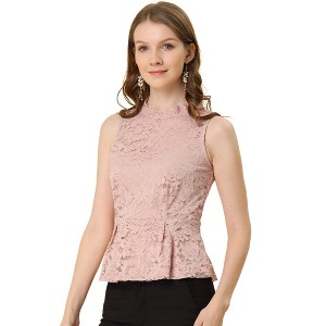 INSPIRE CHIC Women's Ruffle Neck Keyhole Back Sleeveless Floral Lace Peplum Blouses - 1 of 4