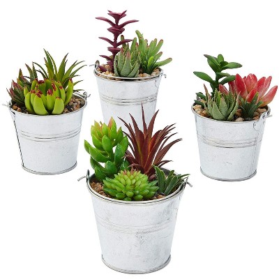 Juvale 4 Pack Artificial Succulents Planter 6.5" Colorful Fake Cactus Plants with Iron Bucket