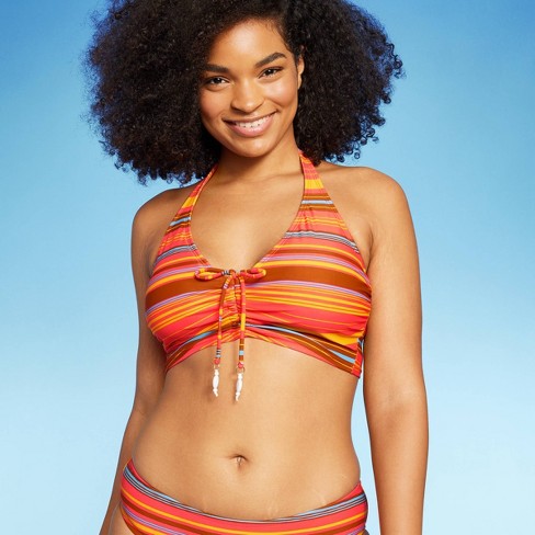 Women's Drawstring Ruched Halter Longline Bikini Top - Wild Fable™ Red  Striped M : Target