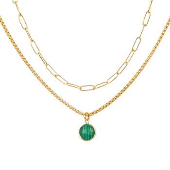 Gold Plated Paperclip Chain & Malachite Pendant Necklace Set 2 pc - ETHICGOODS