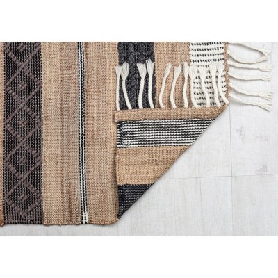 Black and Beige Wool Stripe 5' x 7' Handmade Area Rug