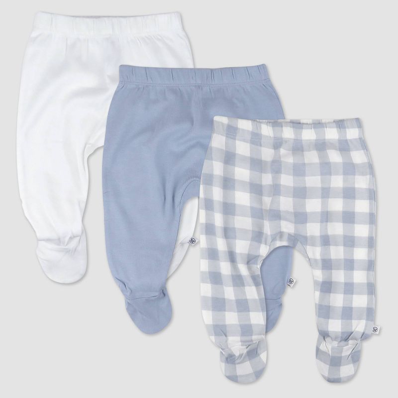 Honest Baby 3pk Painted Buffalo Check Footed Harem Pants - Blue, 1 of 6