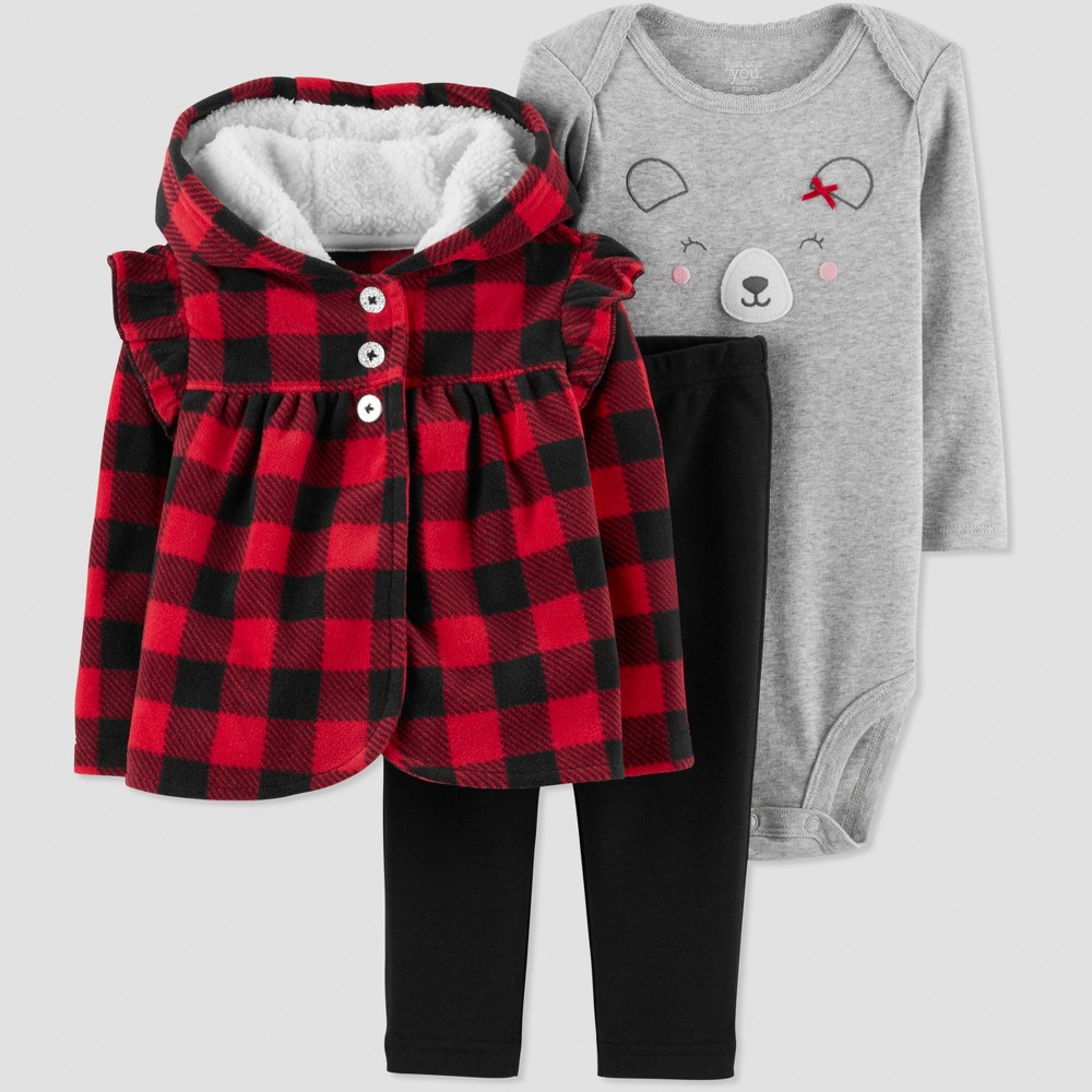 Baby Girls' 3pc Buffalo Plaid Cardigan Set - Just One You made by carter's Red 6M