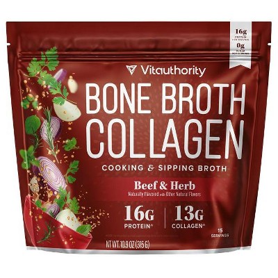 Bone Broth Collagen, Protein & Collagen Supplement for Joints, Skin, & Gut Health, Beef & Herb Flavor, Vitauthority, 15 Servings