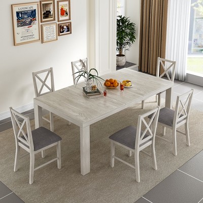 VECELO 5/7 Piece Extendable Dining Table Set with Upholstered X-Back Chairs, Farmhouse Wood Top for Kitchen or Dining Room, Gray