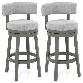 Tangkula Set of 2 Upholstered Swivel Bar Stools Wooden Bar Height Kitchen Chairs Gray