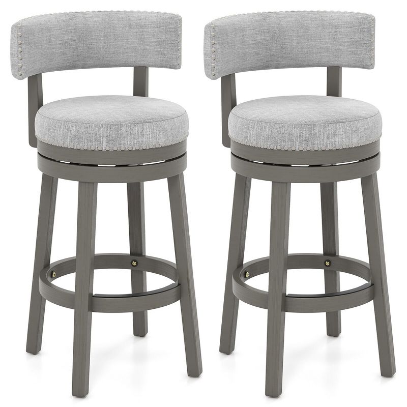 Tangkula Set of 2 Upholstered Swivel Bar Stools Wooden Bar Height Kitchen Chairs Gray, 1 of 9