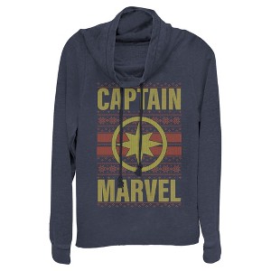 Juniors Womens Marvel Ugly Christmas Captain Marvel Cowl Neck Sweatshirt - 1 of 3