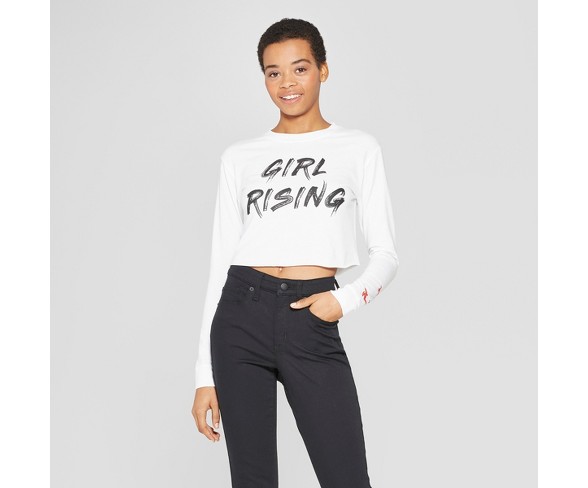 Women's Long Sleeve Girl Rising Tie Front Cropped Graphic Cropped T-Shirt (Juniors') - White XS