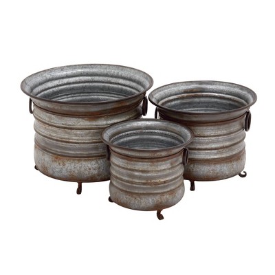 Set of 3 Rustic Drum- Shaped Iron Planters with Stands - Olivia & May