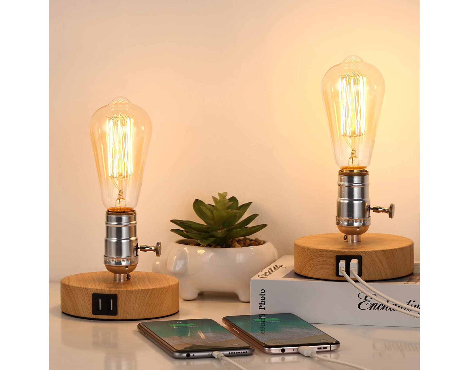 Oumilen Vintage Novelty Shadeless Wood Desk Lamp, Set of 2