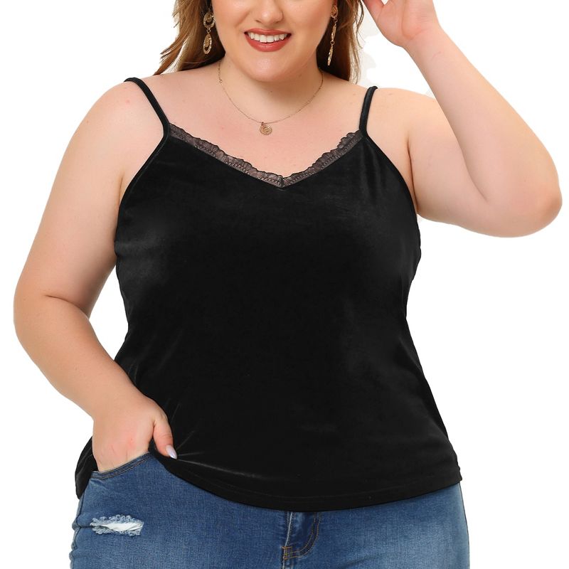 Agnes Orinda Women's Plus Size Tops V Neck Velvet Lace Trim Cami Tank Tops, 1 of 6