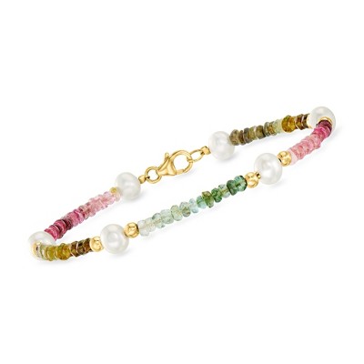 Ross-Simons 5-5.5mm Cultured Pearl and 7.75 ct. t.w. Multicolored Tourmaline Bead Bracelet With 14kt Yellow Gold Size 8