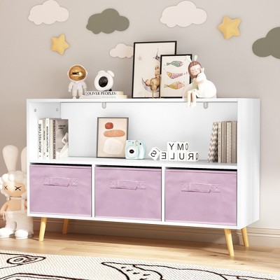 LOVMOR Kids Bookshelf with Collapsible Fabric Drawers,Wooden Kids Bookcases and Toy Storage Organizer for Kids Rooms,Playroom,Kindergarten,White/Pink