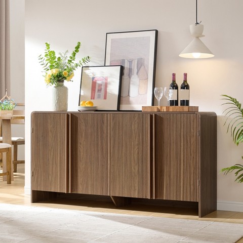 AMERLIFE Fluted Sideboard Buffet Cabinet with Storage, 63" Modern Console with 4 Doors and Adjustable Shelves for Dining Room, Kitchen, Brown