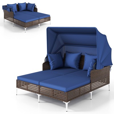 Tangkula Outdoor Daybed w/ Retractable Canopy PE Wicker Rattan Patio Double Chaise Lounger