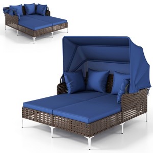 Tangkula Outdoor Daybed w/ Retractable Canopy PE Wicker Rattan Patio Double Chaise Lounger - 1 of 4