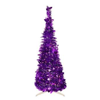 Northlight 6' Pre-Lit Purple Tinsel Pop-Up Artificial Christmas Tree, Clear Lights