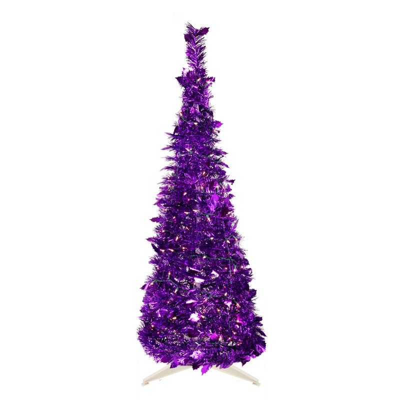 Northlight 4' Pre-Lit Purple Tinsel Pop-Up Artificial Christmas Tree, Clear Lights, 1 of 9