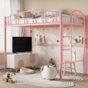 Loft Bed Twin Size, Heavy Duty Metal Loft Bed Frame with Arched Guardrail and Safety Ladder, Space-Saving, No Box Spring Needed - 1 of 4