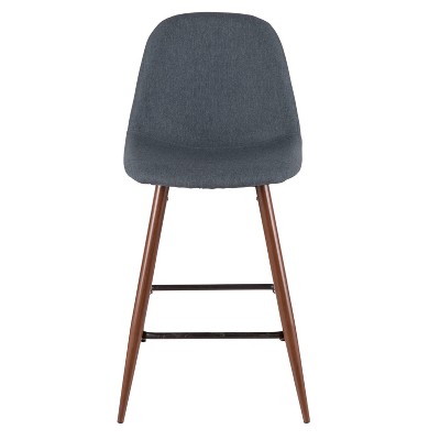 Set of 2 Blue Fabric and Walnut Wood Mid-Century Modern Bar Stools