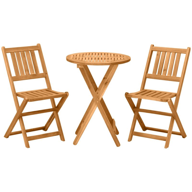 Outsunny Bistro Table and Chairs Set Of 2, Acacia Wood Patio Table, Wooden Folding Chairs, Varnished, 3 Piece Outdoor Furniture Set, Slatted, Teak, 1 of 11