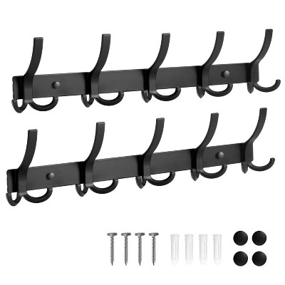 LunaLulinlk Coat Rack Wall Mount, 2 Pack Coat Hooks Wall Mounted with 5 Tri Hooks, 16 Inch Heavy Duty Coat Rack to Hang Coats, Hat and Towel (Black)