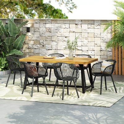 Modern 7-Piece Black and Teak Outdoor Dining Set